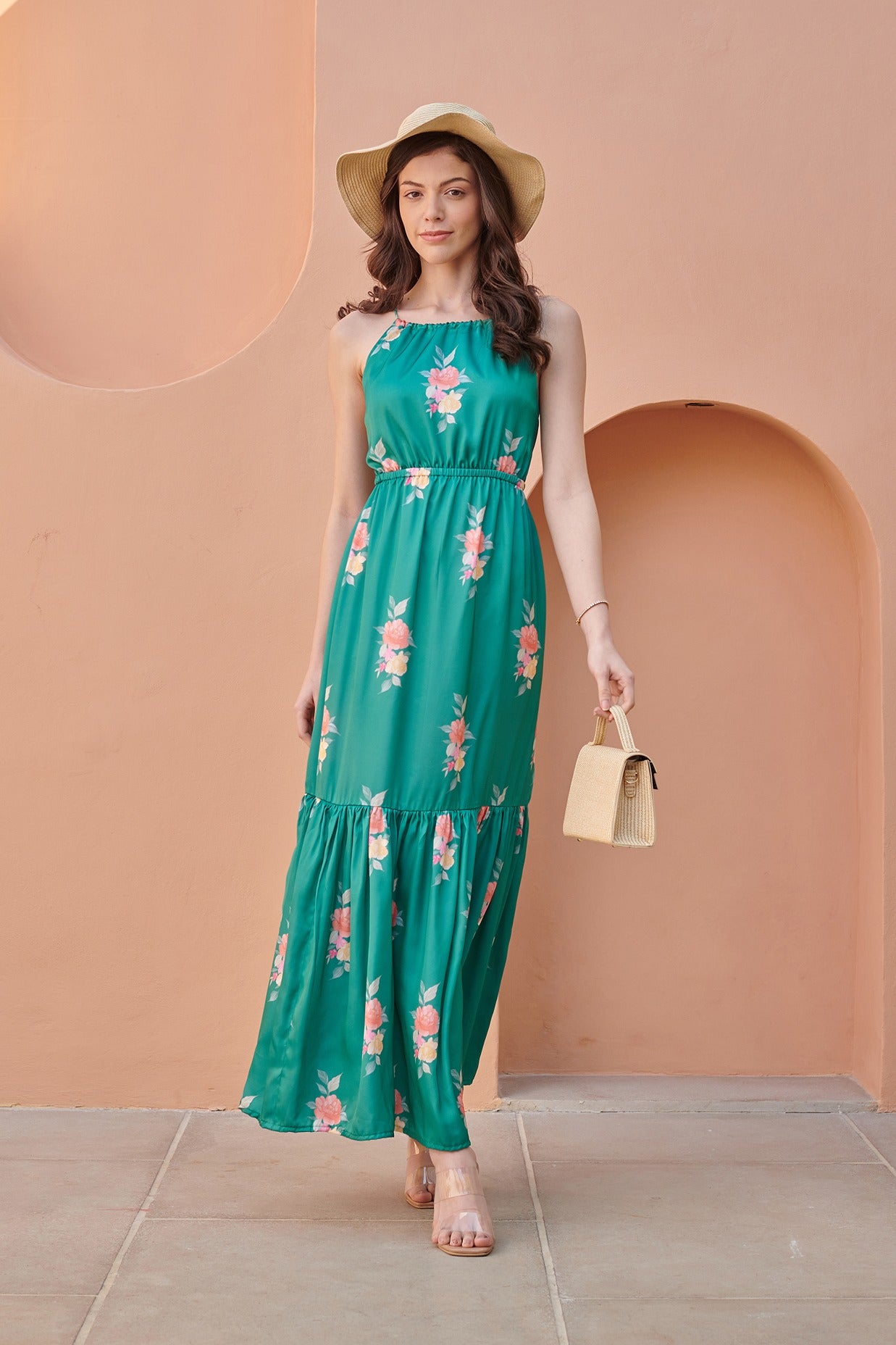 Jade Green Tiered Fit Satin Maxi Dress Pasha India Jade Green Tiered Fit Satin Maxi Dress Pasha India