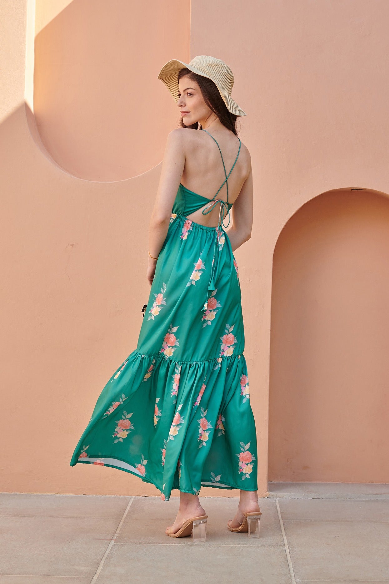 Jade Green Tiered Fit Satin Maxi Dress Pasha India Jade Green Tiered Fit Satin Maxi Dress Pasha India