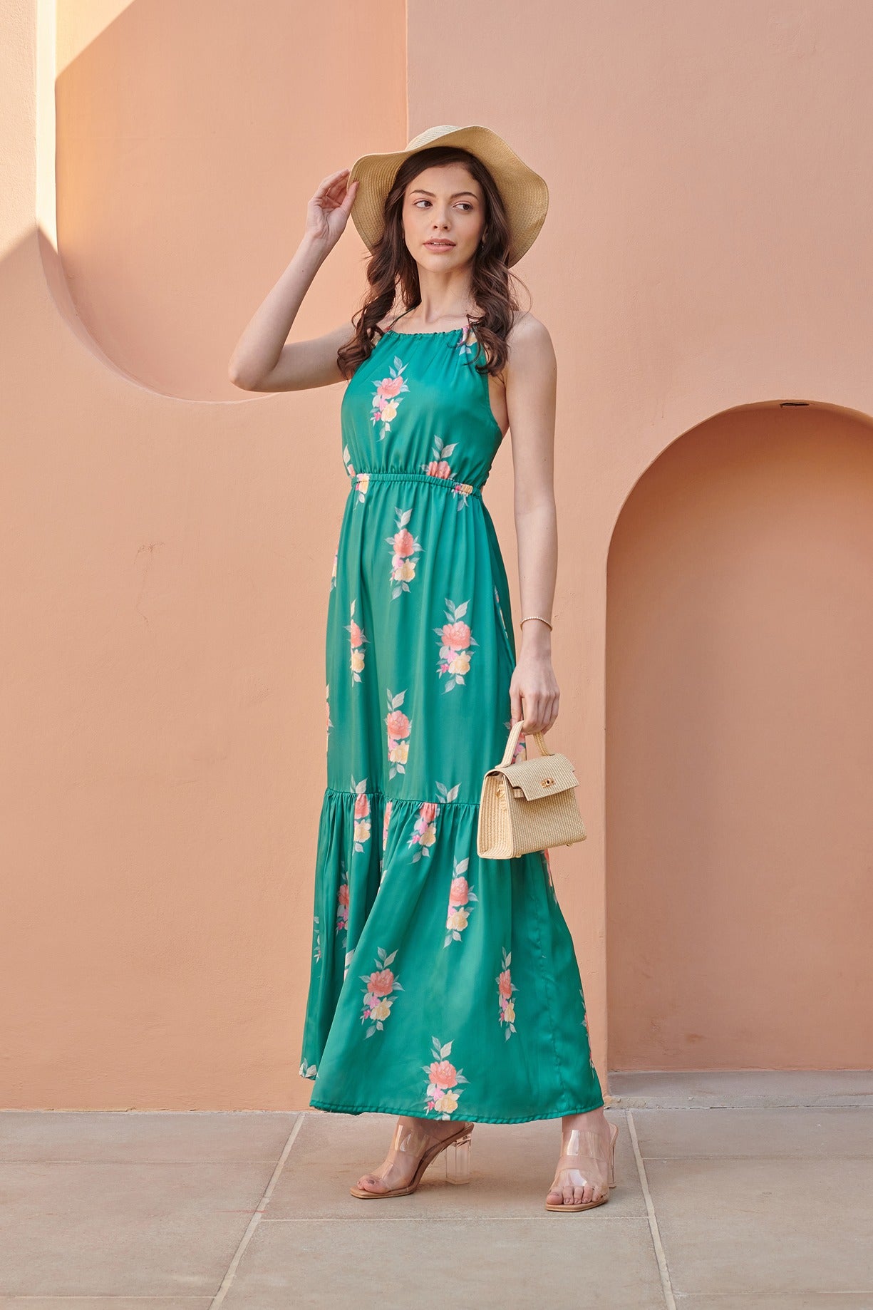 Jade Green Tiered Fit Satin Maxi Dress Pasha India Jade Green Tiered Fit Satin Maxi Dress Pasha India