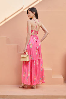 Hot Pink Tiered Fit Satin Maxi Dress  Pasha India