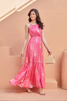 Hot Pink Tiered Fit Satin Maxi Dress – Pasha India