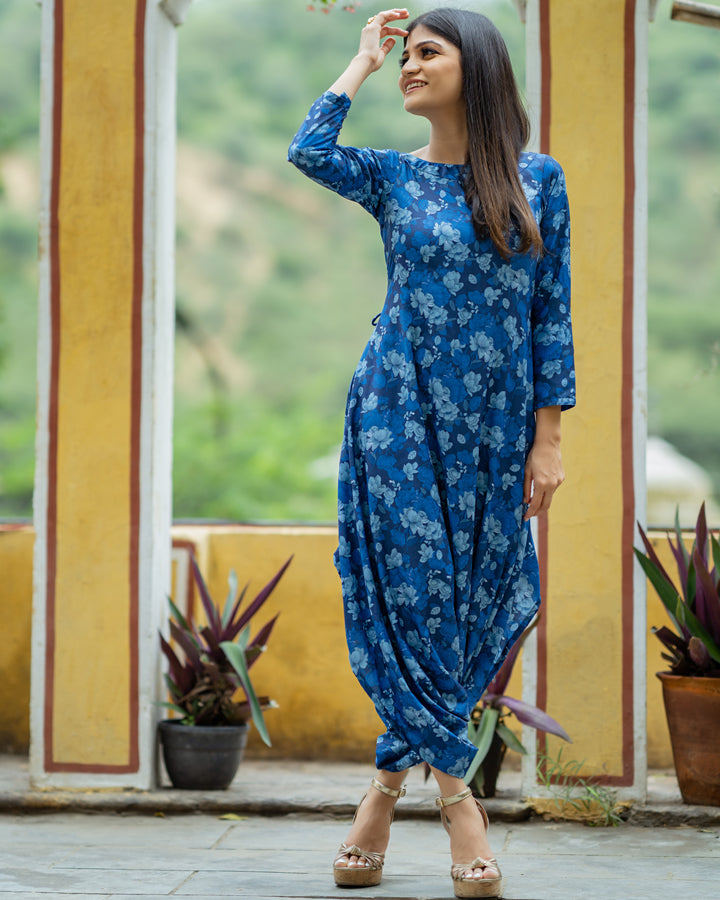 Buy Blue Linen Printed Floral Boat Jumpsuit With Drape For Women by Pasha  India Online at Aza Fashions.