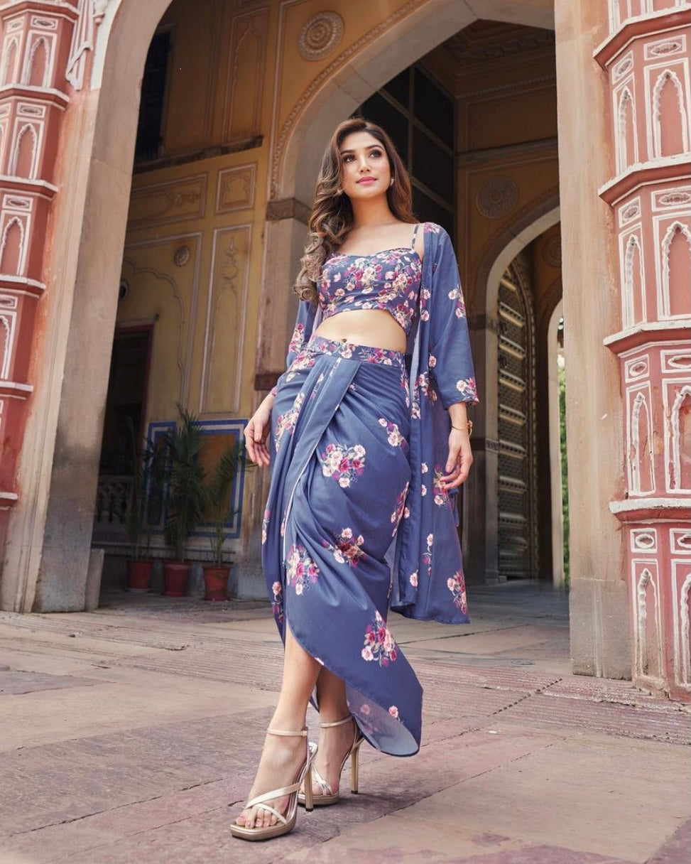 Persian Blue Bralette, Cape, Lungi Skirt Set – Pasha India
