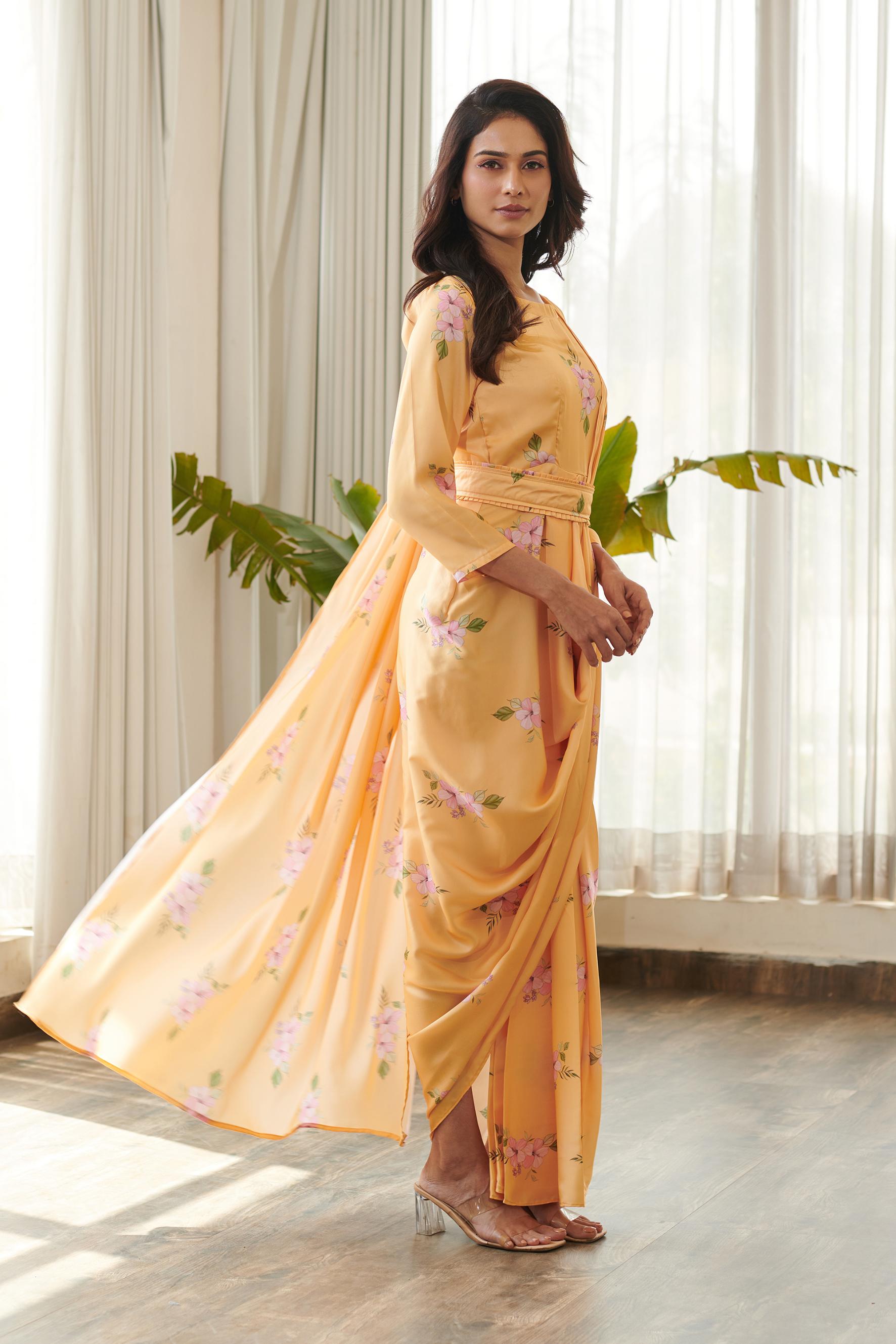 yellow saree dress design Yellow Crepe Draped Saree With Embroidered Blouse