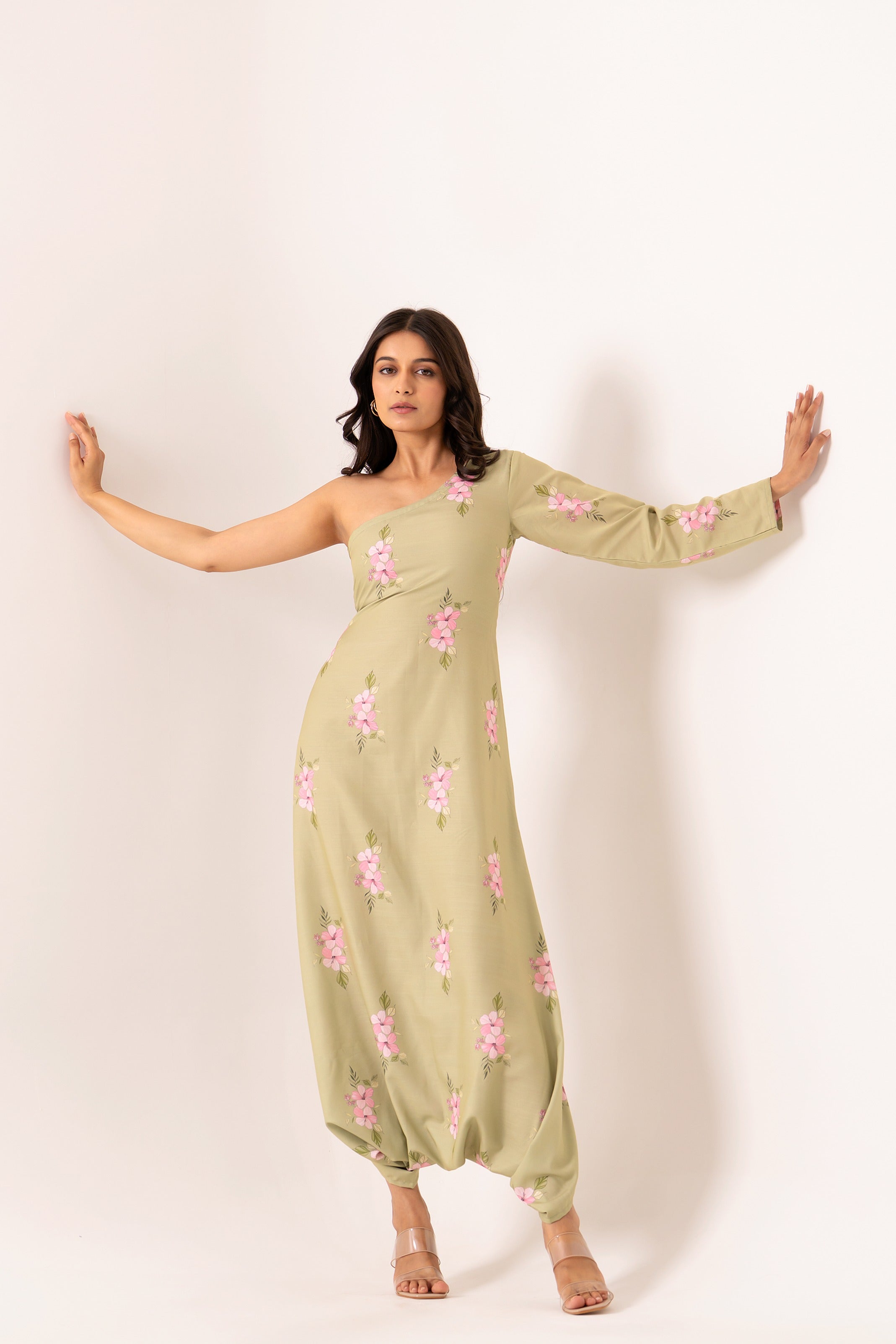 Pickle Green One-Shoulder Dhoti Jumpsuit Pasha India Pickle Green One-Shoulder Dhoti Jumpsuit Pasha India