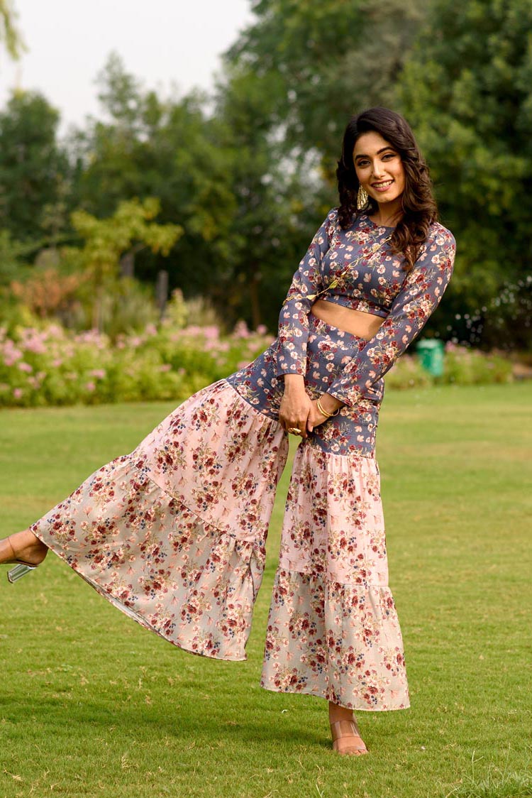Beige Crop Top With Attached Drape And Sharara Pants – Melange Singapore