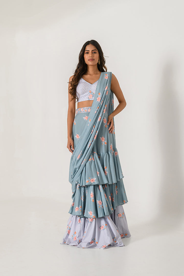 Aqua Green & Slate Grey Ruffle Saree – Pasha India