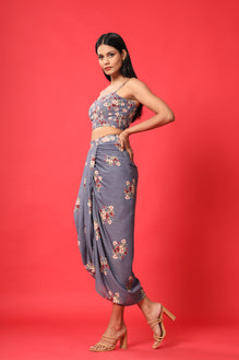 Blue Indica Mirror Dhoti Skirt Set Paired With Bralette and Cape